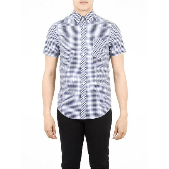 Ben Sherman - Gingham Mens Button-Up Short Sleeve Shirt Blue LG