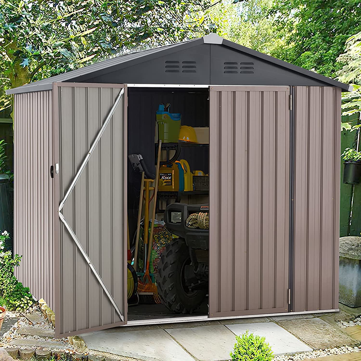 YODOLLA 7 x 7 ft. Outdoor Metal Storage Shed with Sliding Roof