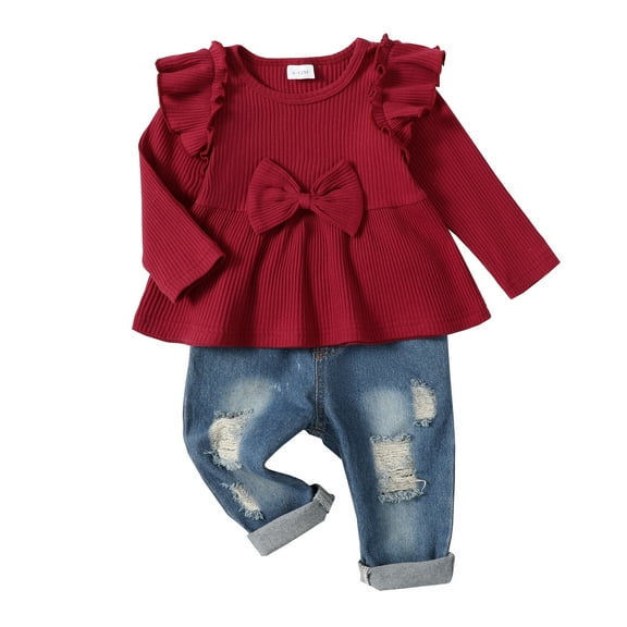 2T Baby Girls Clothes 3T Girls Fall Winter Pant Sets Toddler Girls Long Sleeve Solid Color Top Jeans Pants 2PCS Set Red