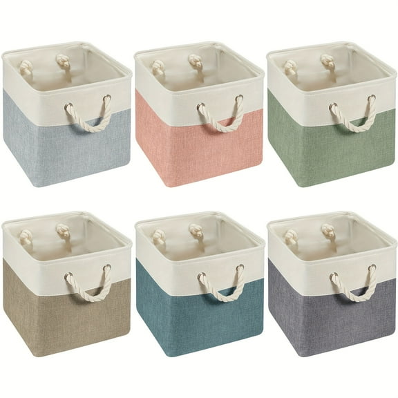 Morandi Colors 6pcs 11 X 11 Inch Cube Storage Bins Fabric Storage Organizer Bins Foldable Cube Baskets With Sturdy Carry Handles Wicker Baskets For Fall Home Decor, Shelf Baskets
