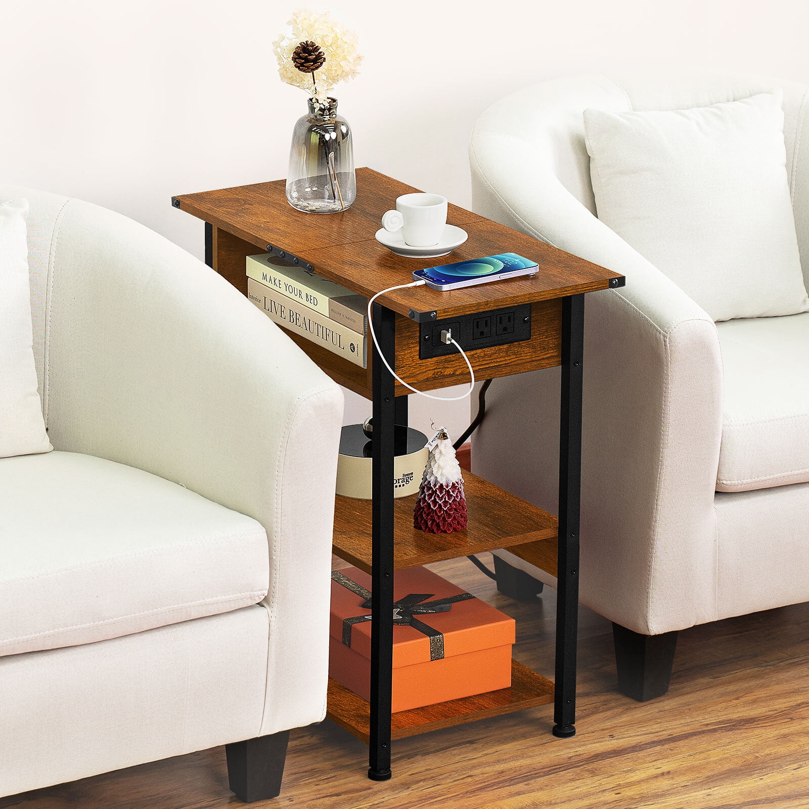Narrow End Table with Charging Connection, 3 Tier Slim Side Table with Storage Shelf for Small Spaces, Maple End Tables Small Nightstand Magazine Rack for Bedoom