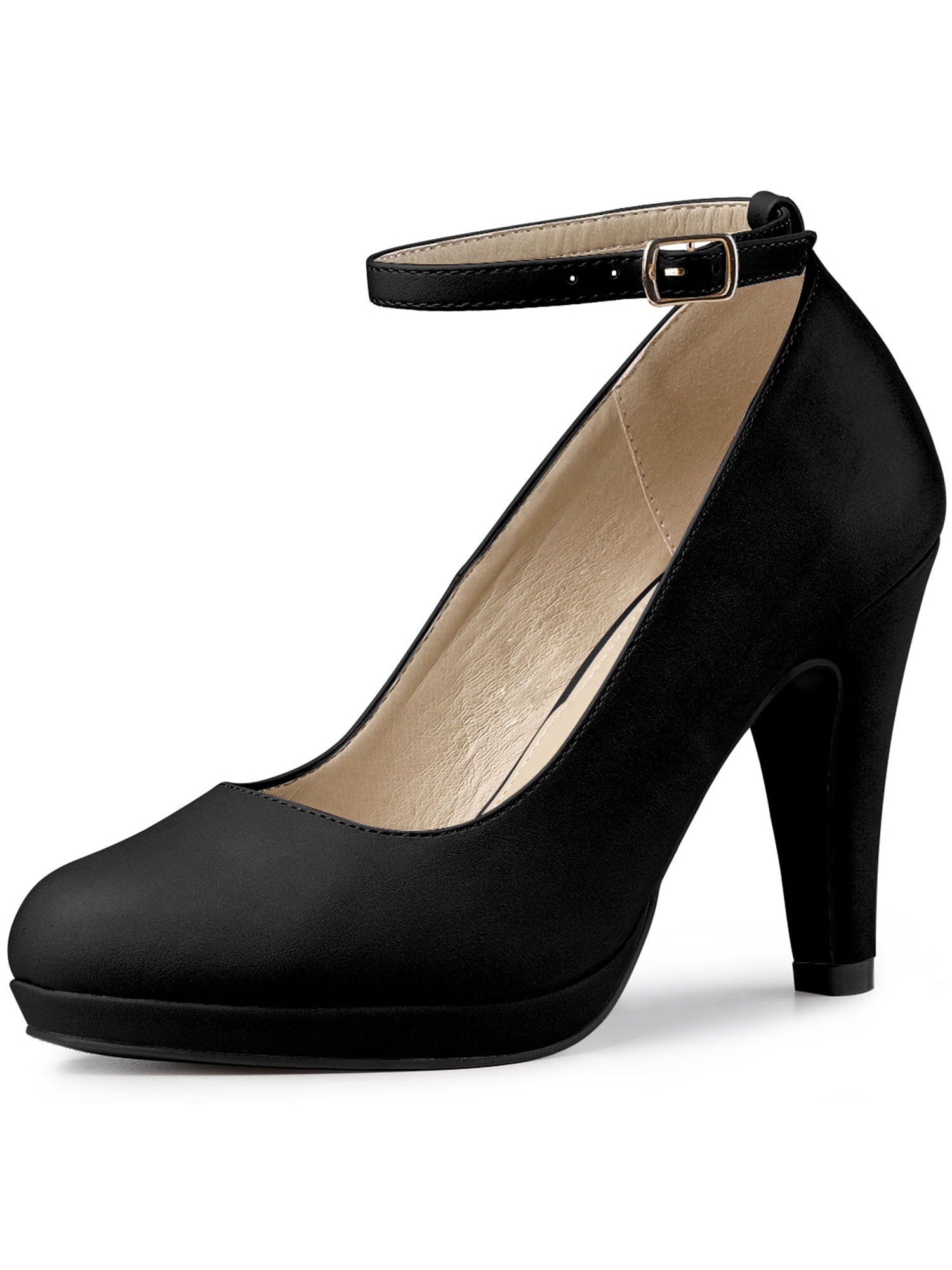 Women's Round Toe Stiletto High Heel Ankle Strap Pumps Black (Size 6.5