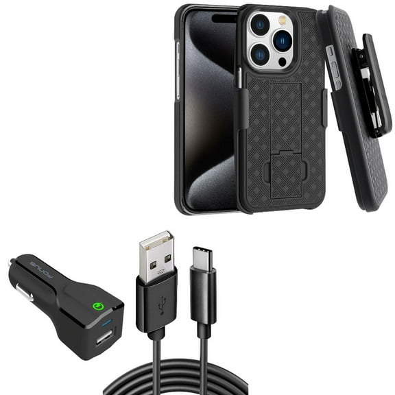 Car Charger & Case Belt Clip for iPhone 15 Pro Max - 18W Fast USB Port 6ft Cable Type-C and Holster Swivel Cover Kickstand X1O for iPhone 15 Pro Max (6.7")