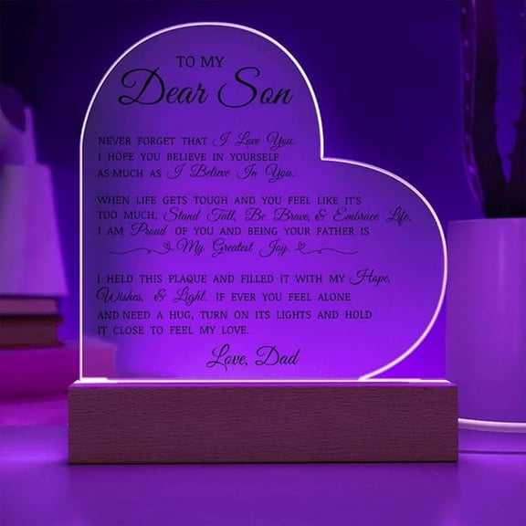 To My Dear Son - Acrylic Heart Plaque Gift for Him, Inspirational Heart Plaque for Birthdays, Son Gift for Graduation, Unique Room Decor for Him