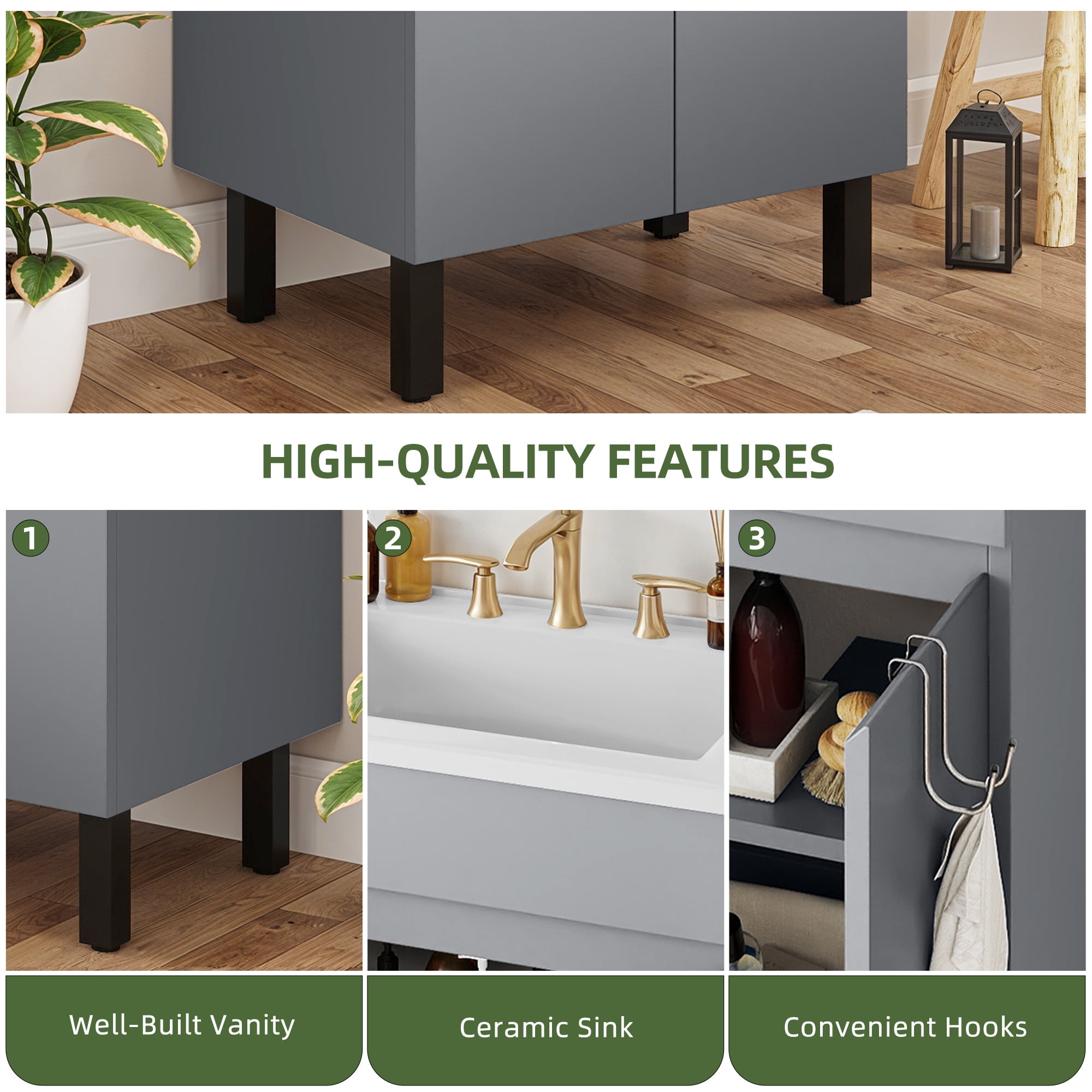 Uforic 24.9" Bathroom Vanity with Top Sink, Modern Free Standing Bathroom Storage Cabinet with Soft Close Door, Gray
