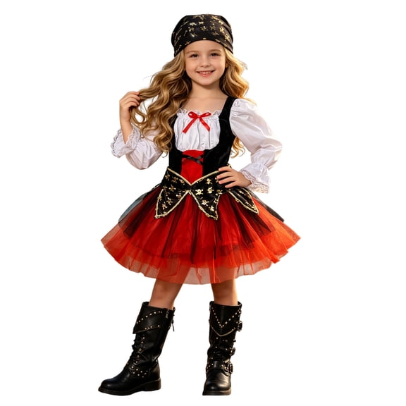 Kogui Cute Scarf Matching Sundress Two-Piece Set Kids Halloween Cosplay Small Party Outfit (Red, 5-6 Years)