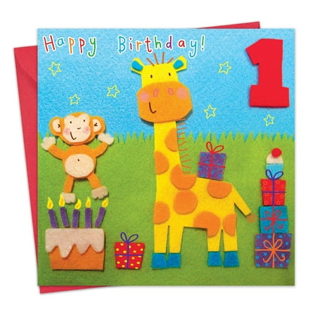 Twizler 1st Birthday Card for Children Giraffe and Monkey - Kids Age 1 Happy Birthday Greeting Card for Girls or Boys