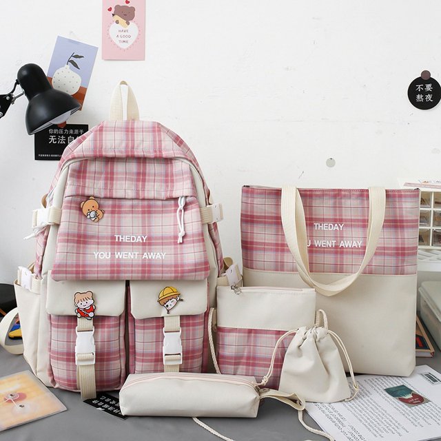 2022 Nuevo Estilo Mochila Versión Coreana Pequeño Fresco A Cuadros Conjunto De Cinco Piezas Escuela Primaria Secundaria Estudiantes Bolsa Escolar Moda Casual De Gran Capacidad Campus S