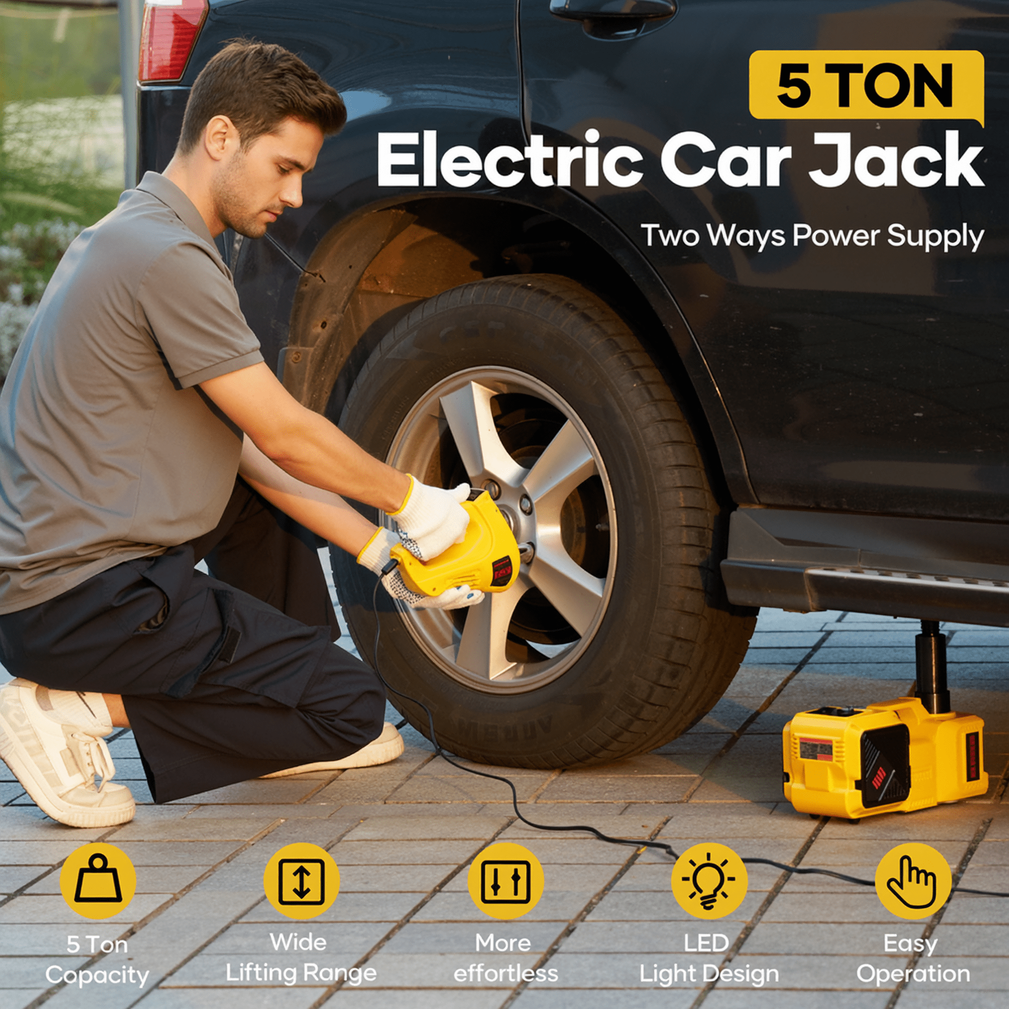 Naipo Electric Car Jack Kit, 5 Ton 12V Portable Battery CarJack Lifting with Electric Wrench/Built-in Tire Inflator Pump/LED Light for SUV/Sedans Yellow
