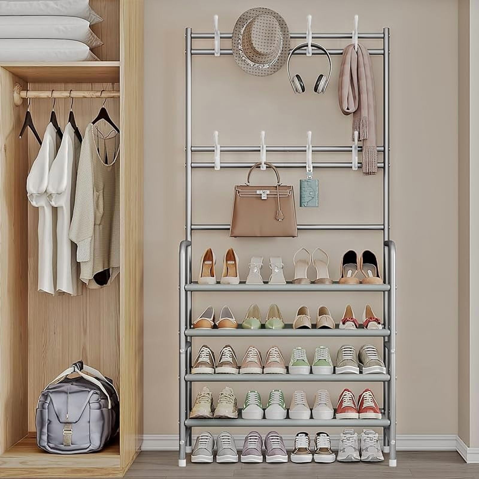 Coat Rack Shoe Rack With Storage Shelf Freestanding with 8 Hooks for Entryway Bedroom Closet 4 Tier, Grey