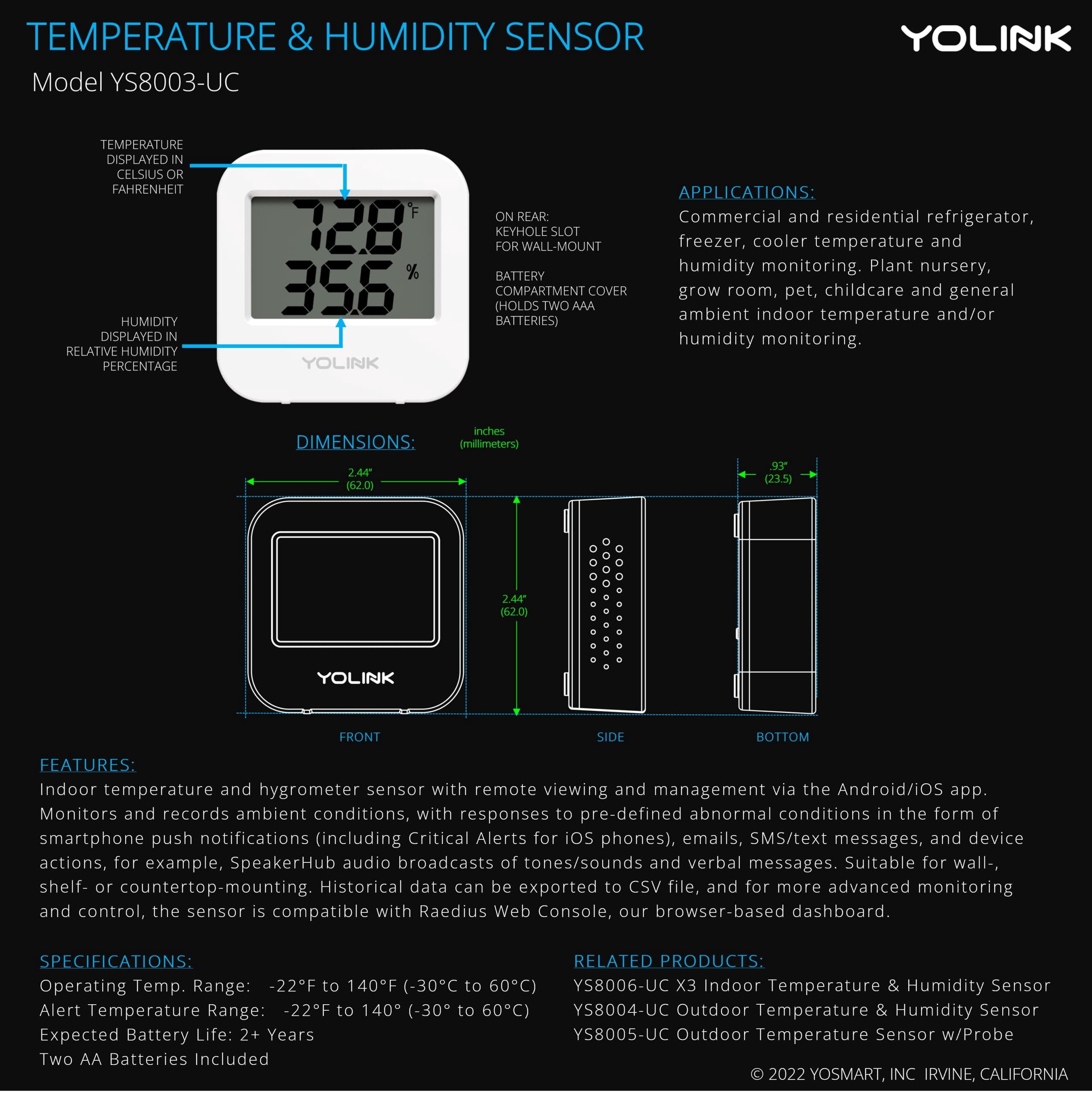 YoLink Smart Wireless Temperature/Humidity Sensor Wide Range for Freezer Fridge Monitoring Pet Cage/Tank Monitoring, App Alerts, Text/SMS, Email Alerts, Works with Alexa IFTTT, 2 Pack - Hub Included