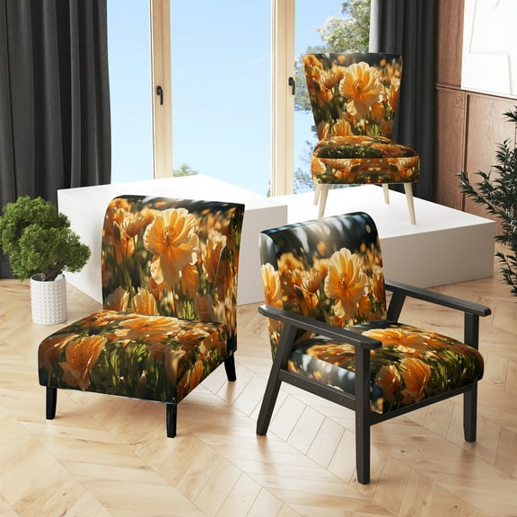 Designart "Yellow Buttercups landscape Sunrise I" Yellow Floral Upholstered Accent Chair - Traditional Arm Chair For Living Room
