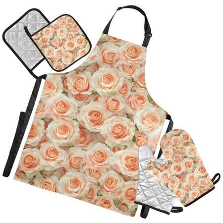 Ryvnso Beautiful Roses Flowers-i1 Kitchen Apron Oven Mitts Set Pot Holders