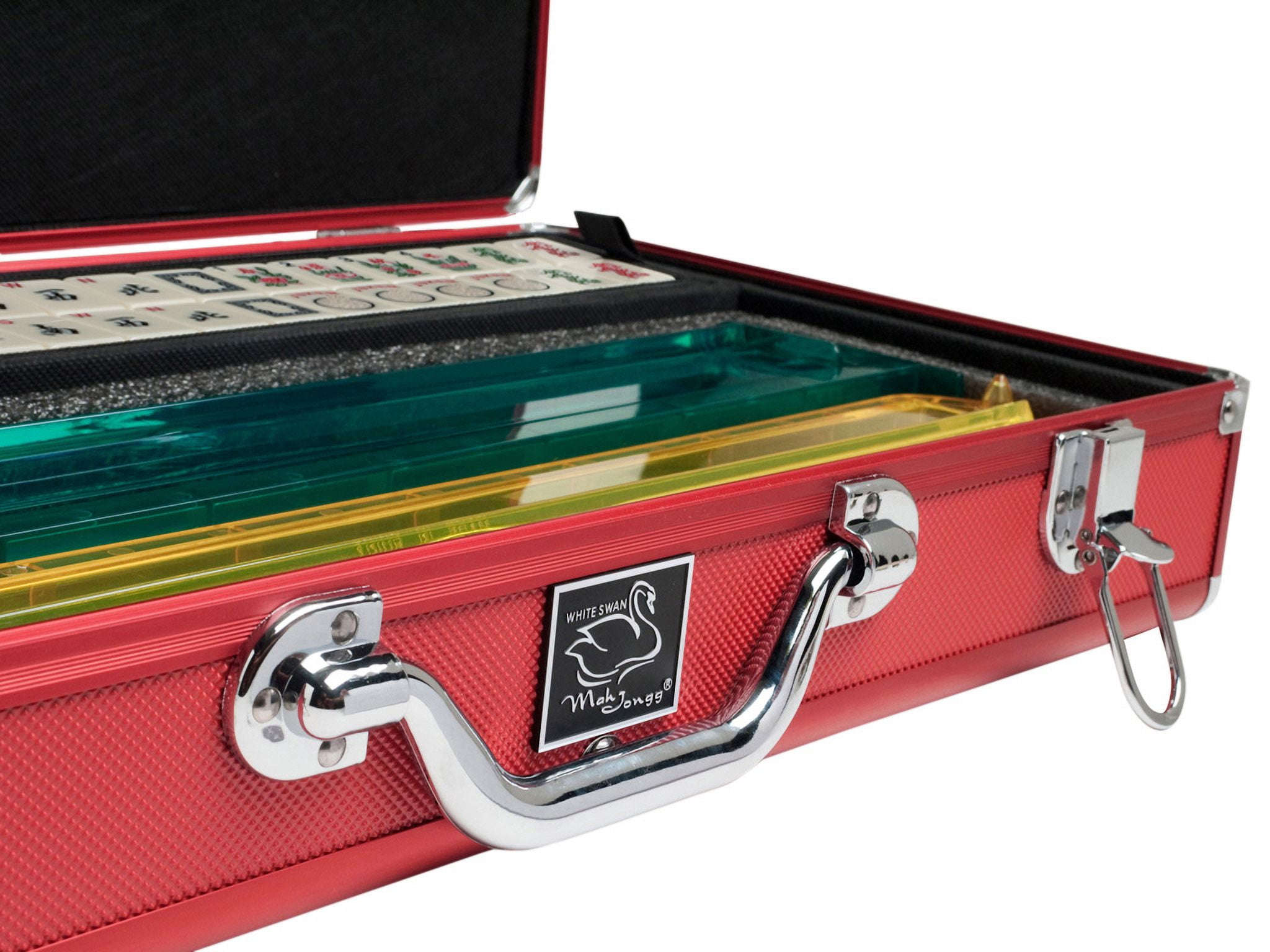 White Swan American Mahjong Set in Luggage-Style Red Case - Ivory Tiles - Modern Pushers