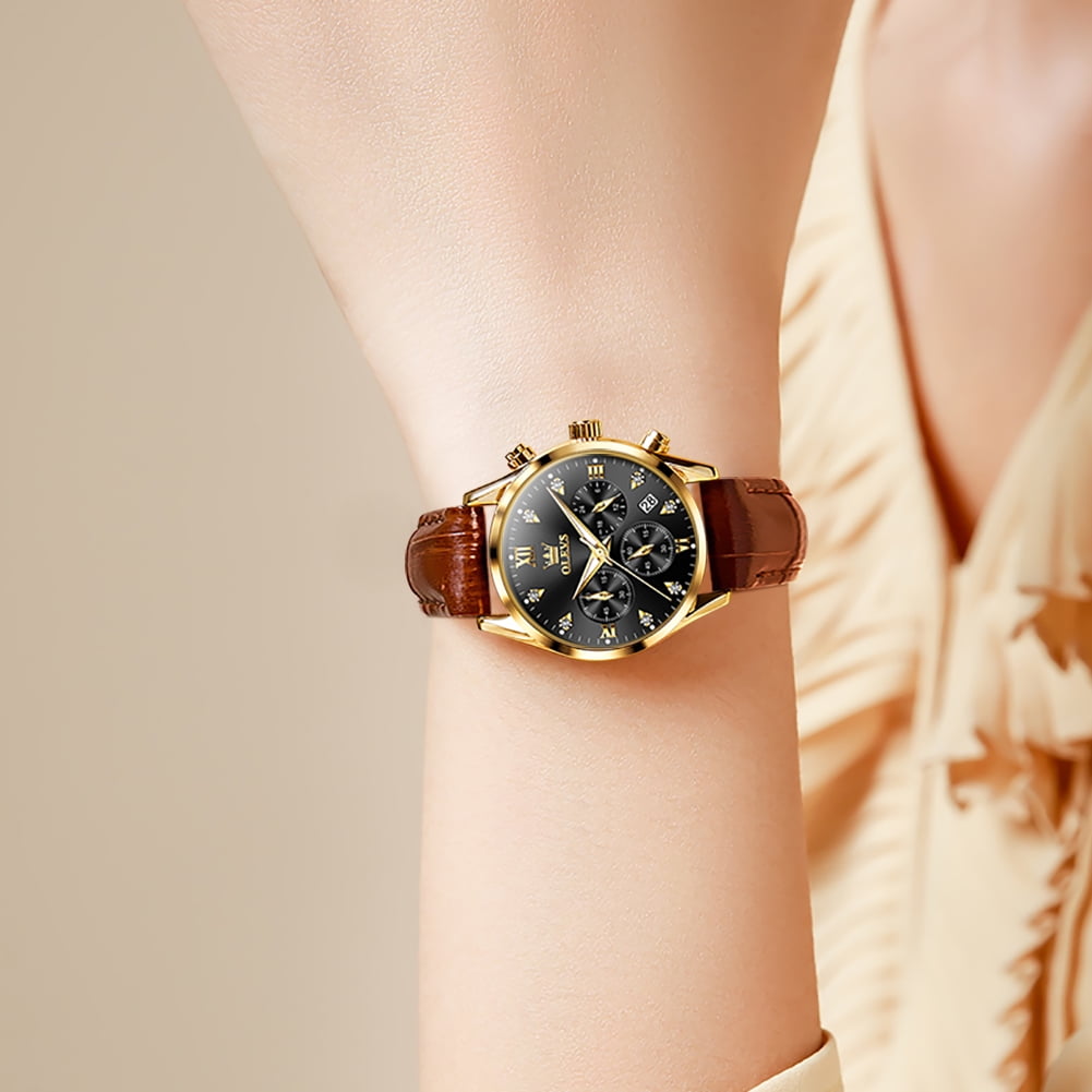OLEVS Watches for Womens Brown Leather Strap Analog Quartz Rose Gold Fashion Casual Dress Multifunction Chronograph Diamond Date Waterproof Luminous Ladies Watches Relojes para Mujer
