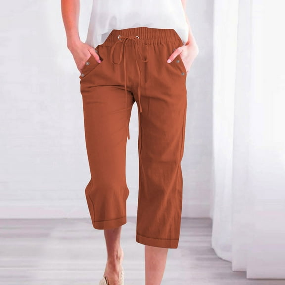 LIBRCLO Linen Capri Pants for Women Drawstring Elastic Waist Summer Pants with Pockets Straight Leg Loose Casual Trouser