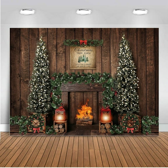 Photography Backdrops Christmas Background Dark Brown Wood Wall Christmas Tree Fireplace New Year Party Photocall Backdrop r