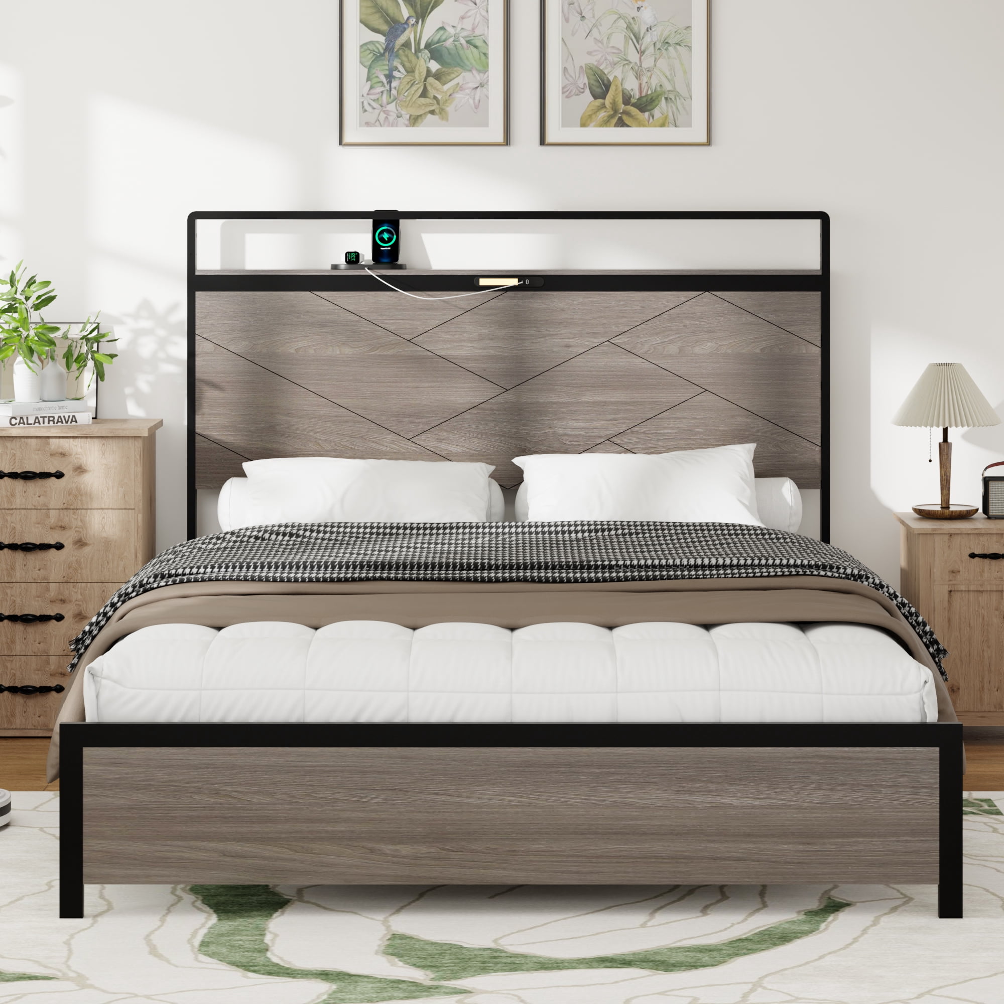 Bed frame queen size, wooden platform bed frame with storage LED light headboard and 2 USB, no noise, no spring mattress required and simple assembly tools, large underbed storage,Antique Grey