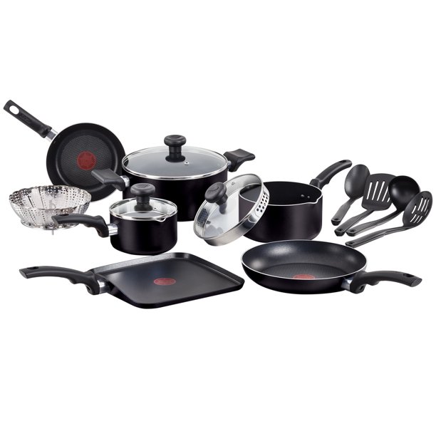 TFal Soft Handles NonStick Dishwasher Safe Black Cookware Set, 14