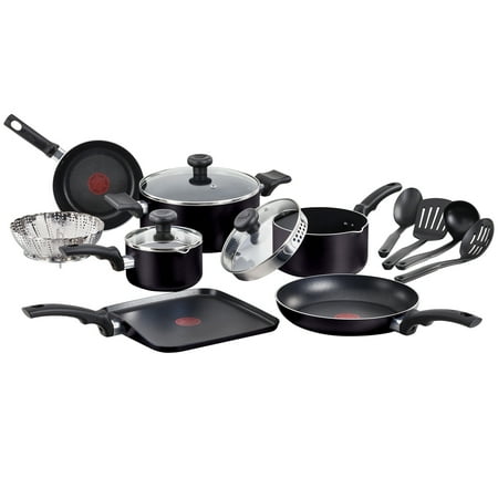 T-Fal Soft Handles Non-Stick Dishwasher Safe Black Cookware Set, 14 Piece