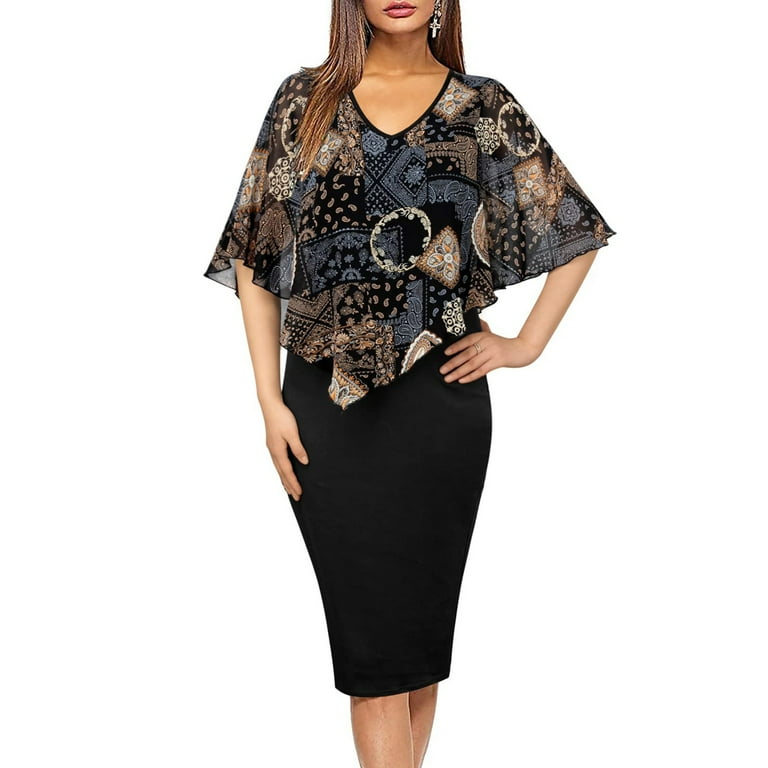 Hfyihgf Women s V Neck Dresses Capelet Sleeve Chiffon Overlay Bodycon Knee Length Pencil Dress Wedding Cocktail Party Brown XXL
