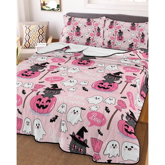 Cute Halloween King Size Down Alternative Comforter, Lightweight Comforter Quilt Bedding Set with Pillow Shams Spooky Pumpkins Fall Bat Cat Witch's Hat All Seasons Bed Comforter Duvet Insert 96"x106"