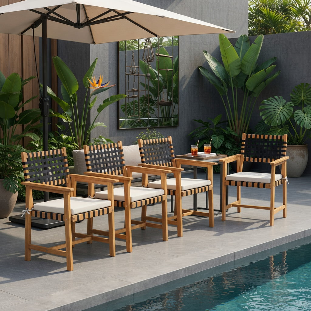 Hommoo 2-Piece Outdoor Dining Chairs Set, Acacia Wood with Woven Rope Back, Curved Ergonomic Design, Detachable Polyester Cushions & Armrests, White