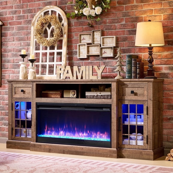 IFMUST LED Fireplace TV Stand for TVs up to 80" , Farmhouse Entertainment Center with 36" Electric Fireplace and Storage Drawer, Light Brown