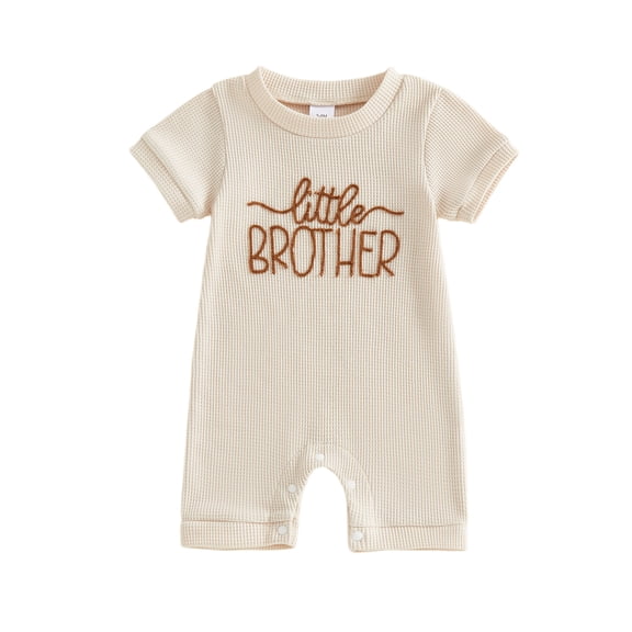 BemeyourBBs Newborn Baby Boy Little Brother Outfit Waffle Knit Romper Letter Embroidered Short Sleeve Crew Neck Jumpsuit Casual Infant Summer Spring Clothes