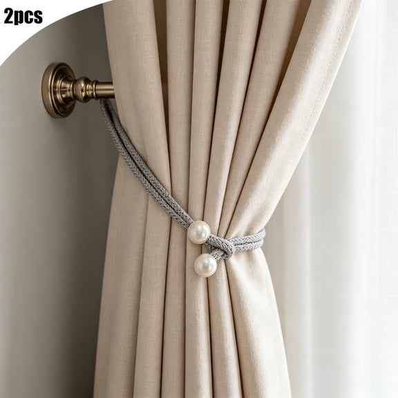 Set of 2 Decorative Curtain Tiebacks with Faux Pearl Accents, Woven Cord Drapery Holdbacks for Drapes and Curtains, Adjustable Loop Tie Backs for Living Room and Bedroom Decor