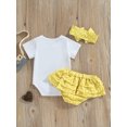 thumbnail image 4 of Bagilaanoe 3pcs Newborn Baby Girl Short Pants Set Short Sleeve Letter Print Romper Tops + Ruffled Shorts + Headband 6M 12M 18M 24M Infant Casual Summer Outfits, 4 of 8