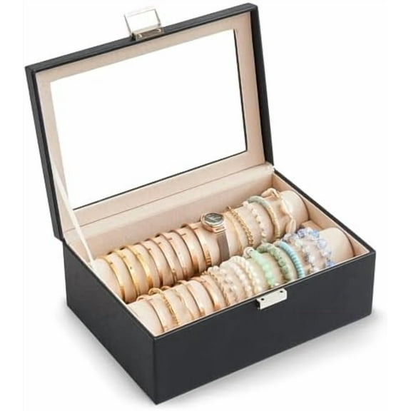 Bracelet Display Holder with Rods for Bangles Watches, Clear Lid Jewelry Organizer Box Storage Case for Women Girls -Black