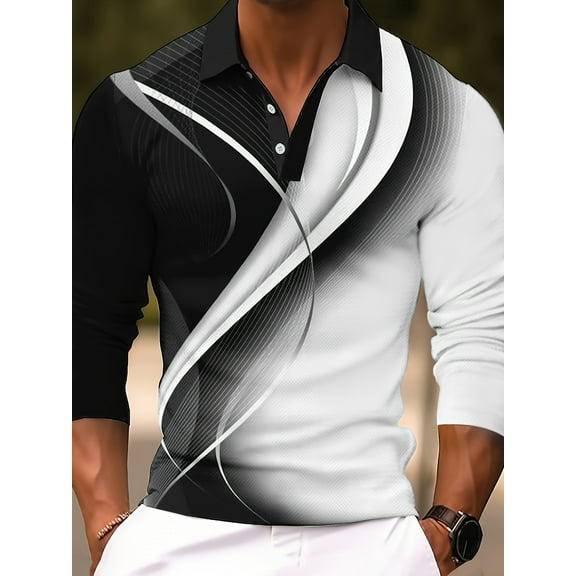 Men's Polo Shirt Long Sleeve Vintage Striped Golf Shirt Lightweight Casual Collared Shirt Black 3XL