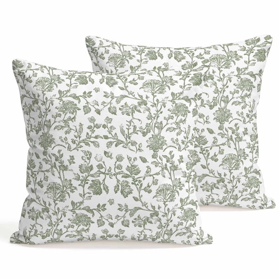 Set of 2 Vintage Green Floral Pillow Covers 16x16 Inch, Farmhouse Flower Pastoral Style Decorative Throw Pillow Cases Cotton Cushion Covers for Sofa Couch Bed Living Room Bedroom Home Decor