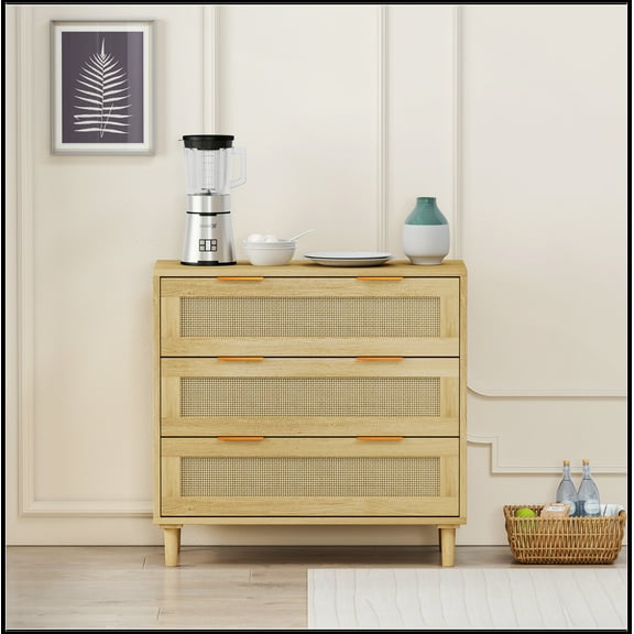 31.50"3-Drawers Rattan Storage Cabinet Rattan Drawer,for Bedroom,Living Room,Dining Room,Hallways,Oak