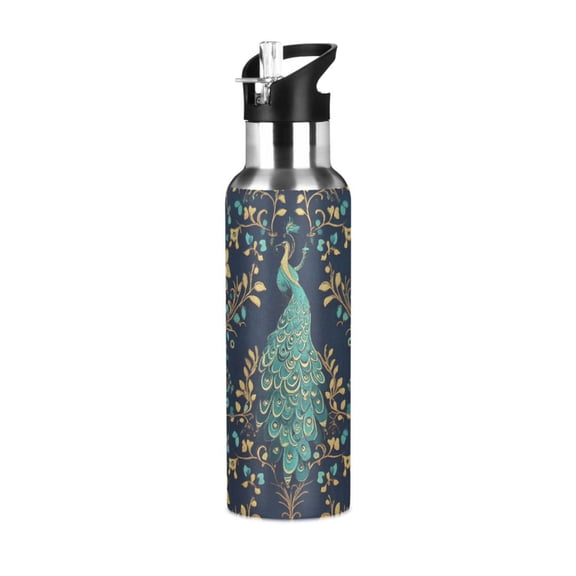 Yayeee 20oz Insulated Water Bottle Double Wall Stainless Steel with Flip Straw Lid, Navy Blue Peacock Pattern