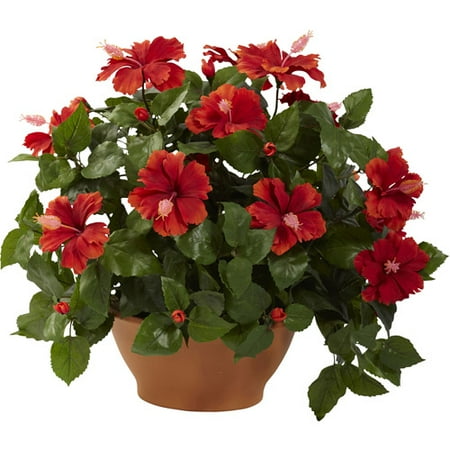 Nearly Natural Hibiscus with Clay Planter