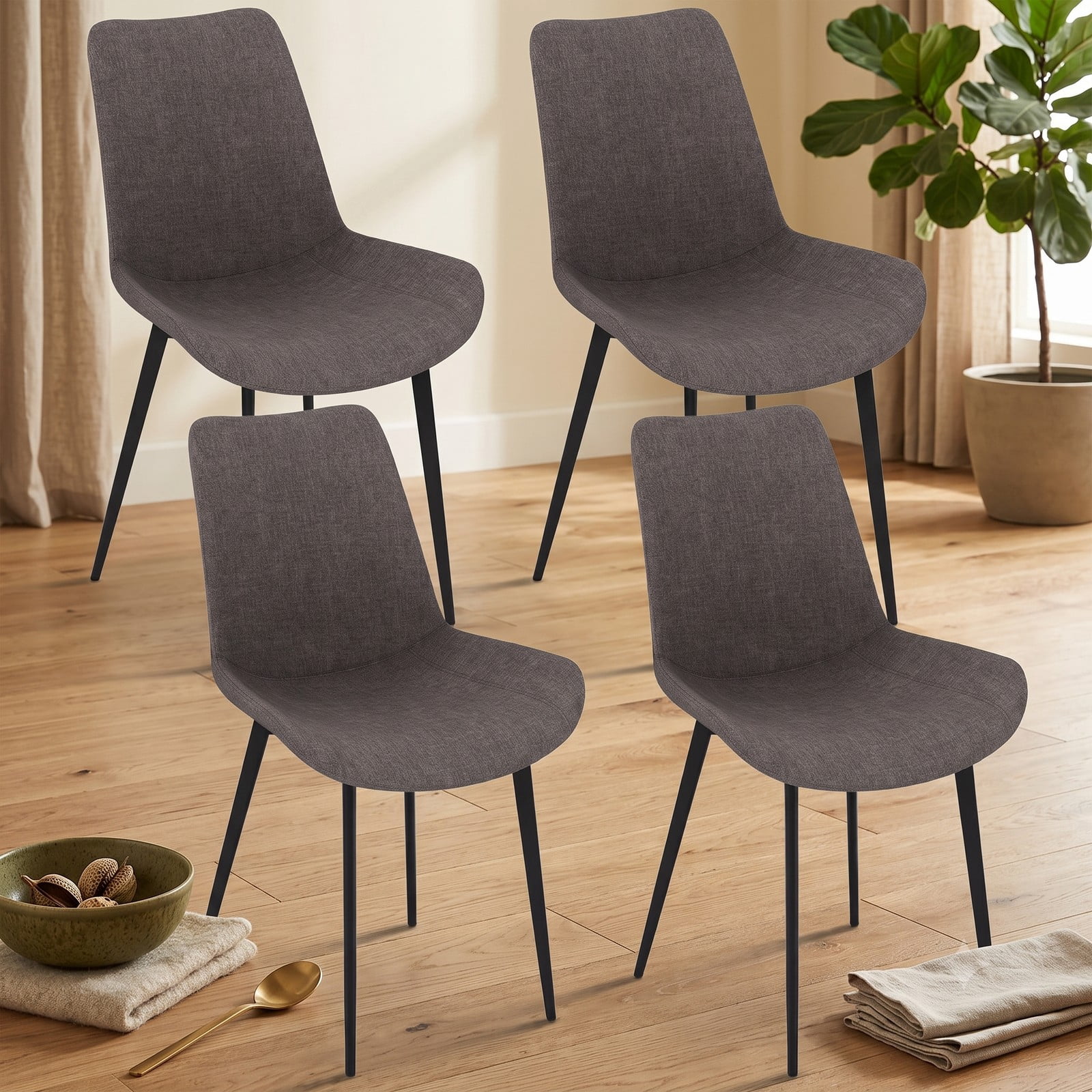 Furnibear Set of 4 Upholstered Dining Chairs with Metal Legs, Faux Linen Padded Back Kitchen Side Chairs, Ergonomic Armless Accent Chairs for Dining Room Living, Gray
