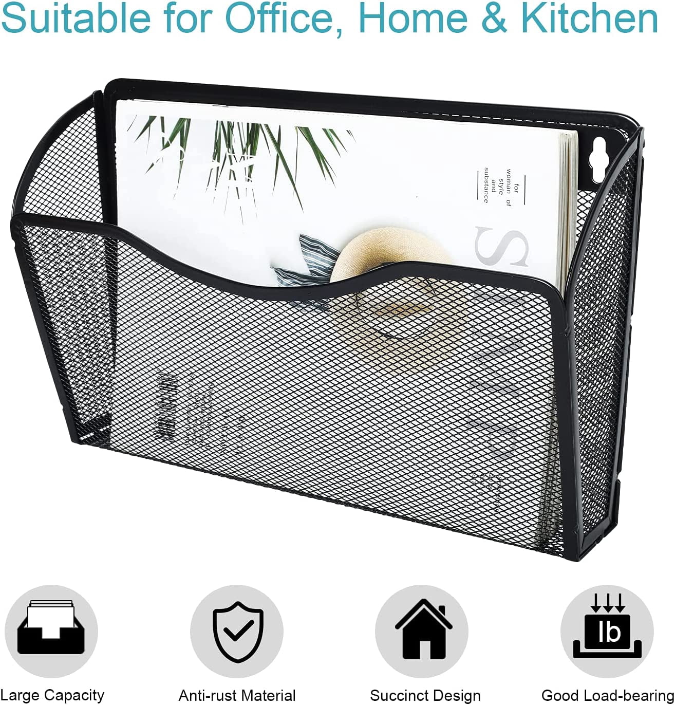 Bexikou Wall Folder File Letter Pocket Holder (3 Pack) Metal Mesh Desk Hanging Basket Box Bin Mail A4 Size Paper Document Organizer, Storage Rack Single Slot Wall Mount for Office Home - Black