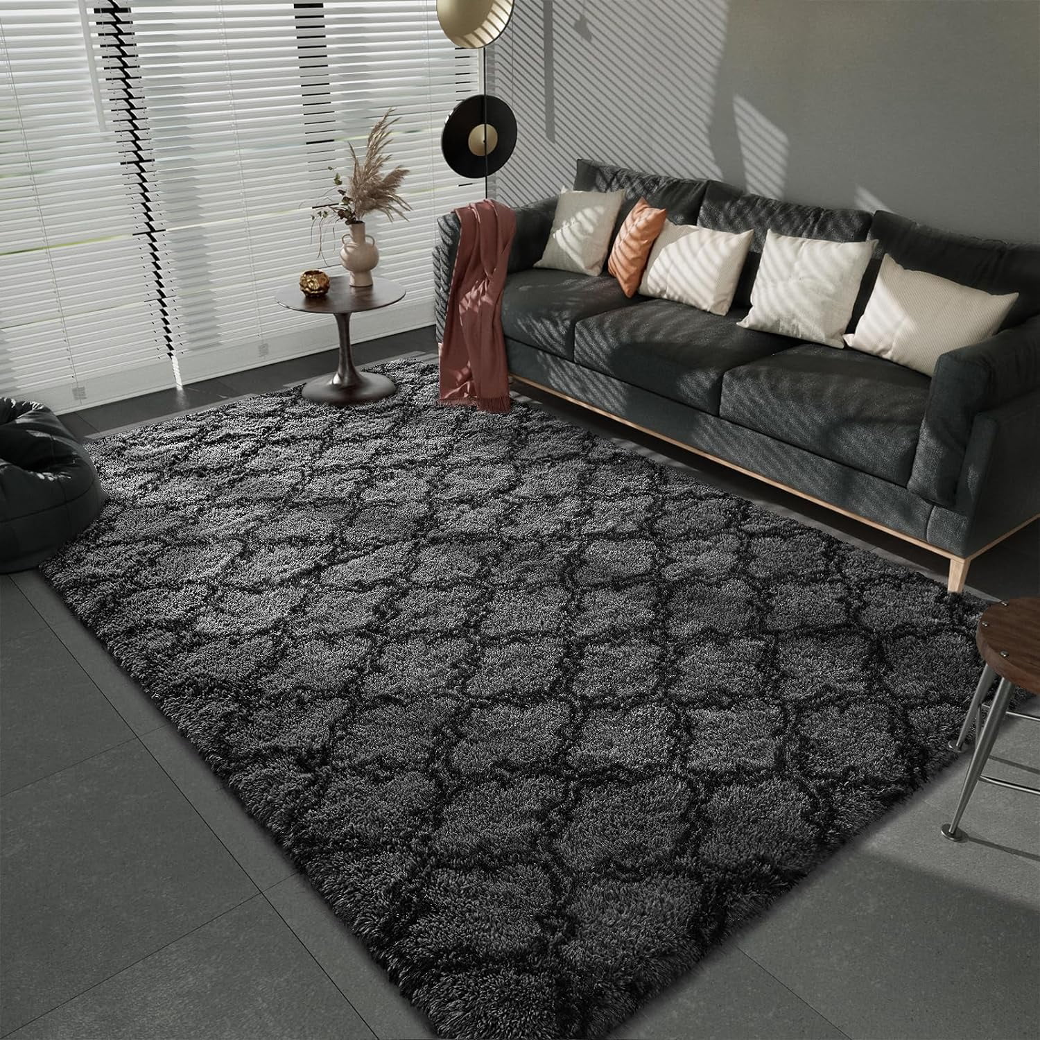 Junovo Shaggy Soft Rugs Bedroom Living Room Flully Carpet Home Decor Rug,8'x10',Dark Grey/Black