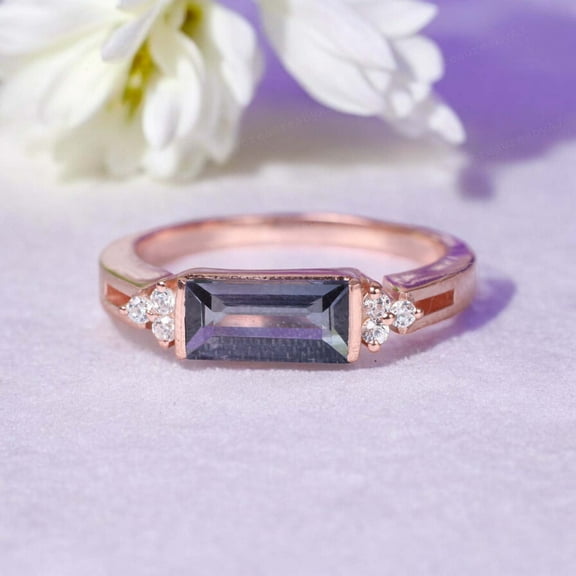 Baguette Cut Alexandrite Ring Diamond Engagement Ring Sterling Silver Ring Dainty Promise Ring Gift for Her June Birthstone Ring