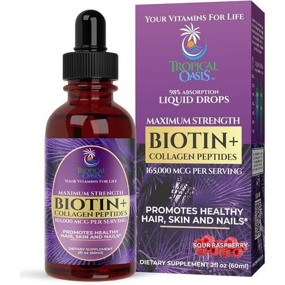 Tropical Oasis Maximum Strength Biotin plus Collagen Peptide Drops, Vitamin Supplement for Hair, Skin, Nails, Tropical Sour Raspberry, 2 fl oz, 60 Servings
