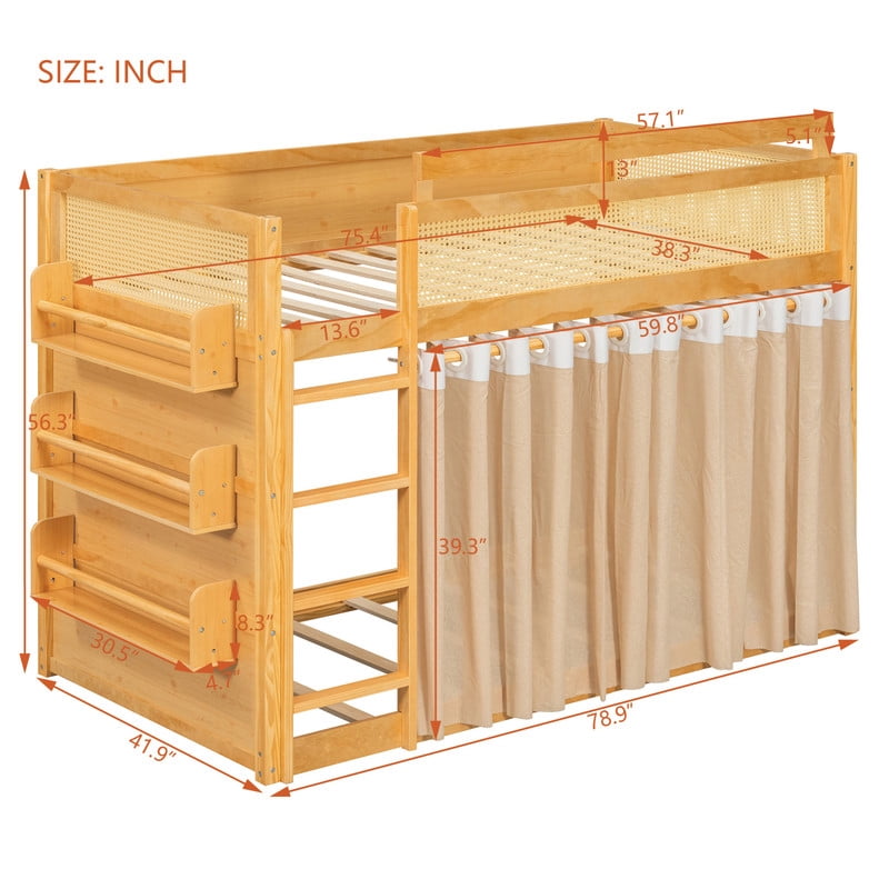 Twin Size Bunk Bed with 3-Tier Storage Shelf, Rattan-Style Design, Privacy Curtains and Built-In Light Strip, Modern Wood Twin Over Twin Bunk Bed Frame with Ladder for Kids Teens
