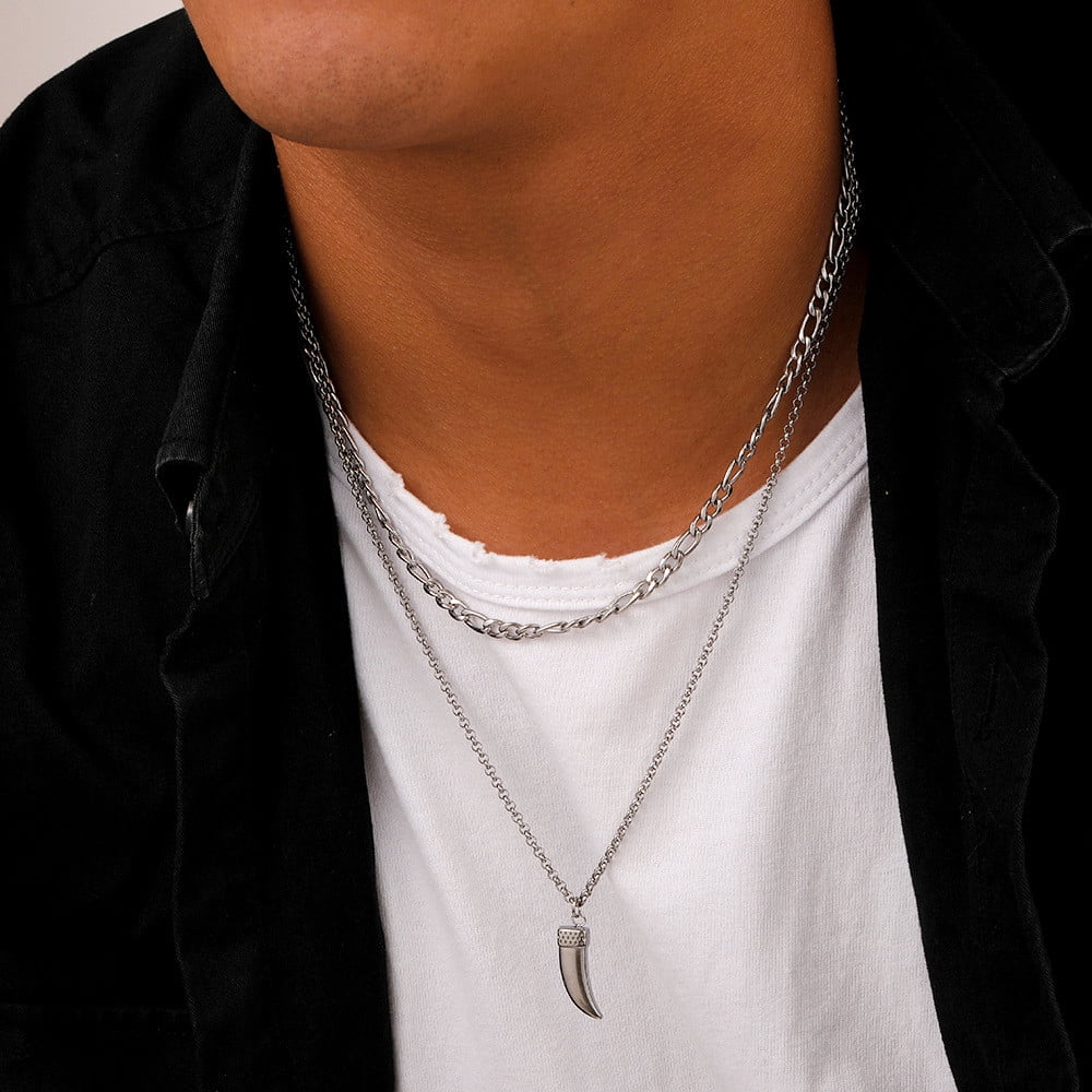 Sawvnm Great Gift Men's Doublelayer Chain Taisteel Wolf Tooth Pendant