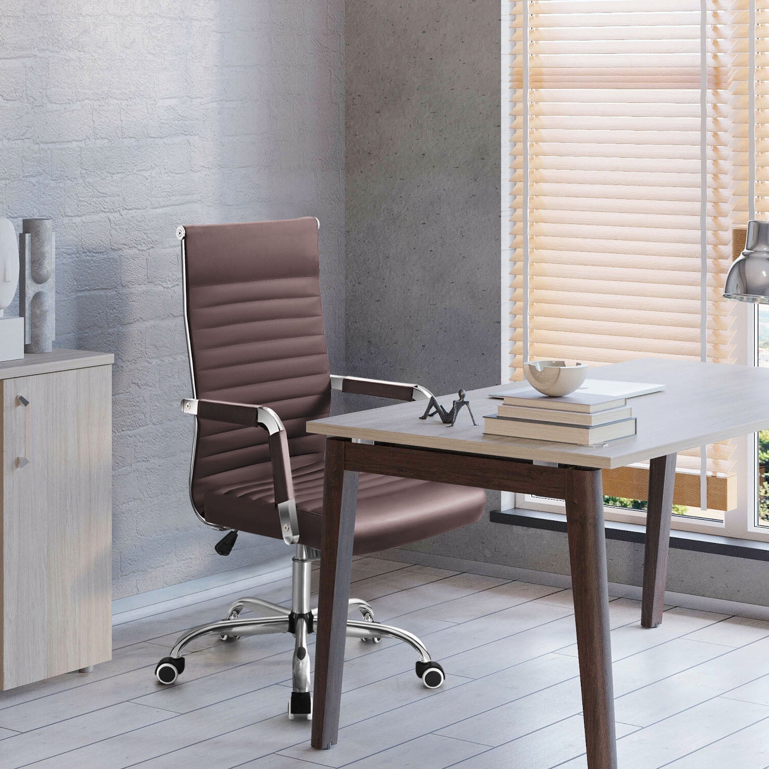 Lacoo Mid-Back Faux Leather Office Desk Chair Executive Conference Task Chair with Arms, Brown