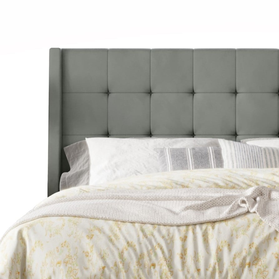 Home Design Pamela Queen Tufted Velvet Upholstered Storage Panel Bed Frame, Wingback Headboard with Geometric Button Tufting, Gray – Modern Bedroom Furniture
