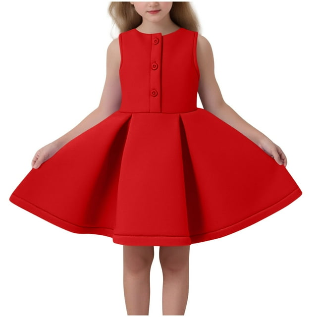 Floleo Robe Sans Manches à Volants pour Filles, Col Rond en Dentelle, Jupes Décontractées d'Été, Activités de Jeu, Ajustement Confortable, Robe d'Été pour Enfants (Rouge, 2-3 Ans)