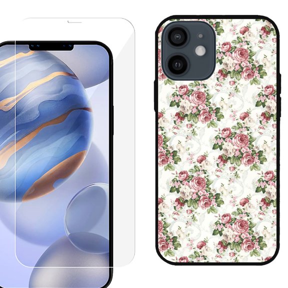 Slim-Fit Protective Phone Case (Black) compatible with iPhone 12 / iPhone 12 Pro, with Tempered Glass Screen Protector, by OneToughShield ® - Floral/Rose