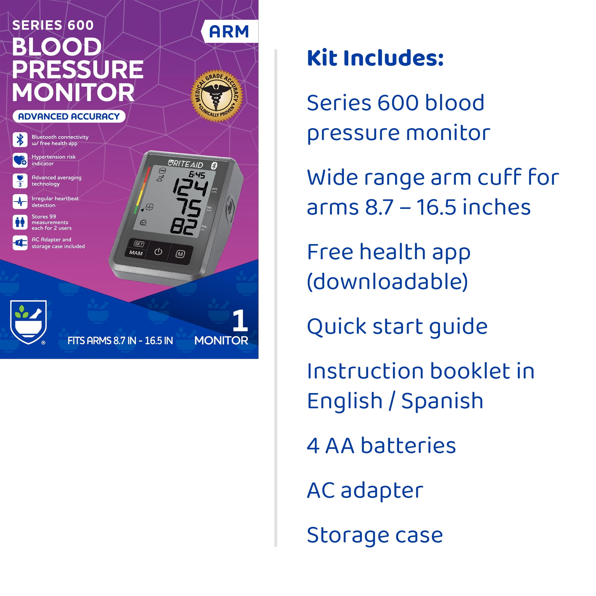 Rite Aid Series 600 Bluetooth Upper Arm Blood Pressure Monitor, 2 users, Stores 198 Measurements, Connect to Health App