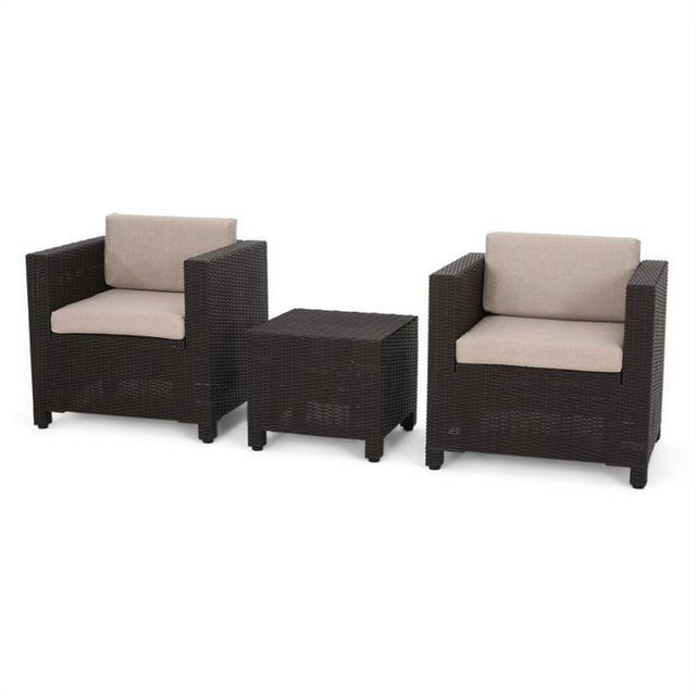 Noble House Waverly 3 Piece Outdoor Wicker Print Conversation Set in Dark Brown